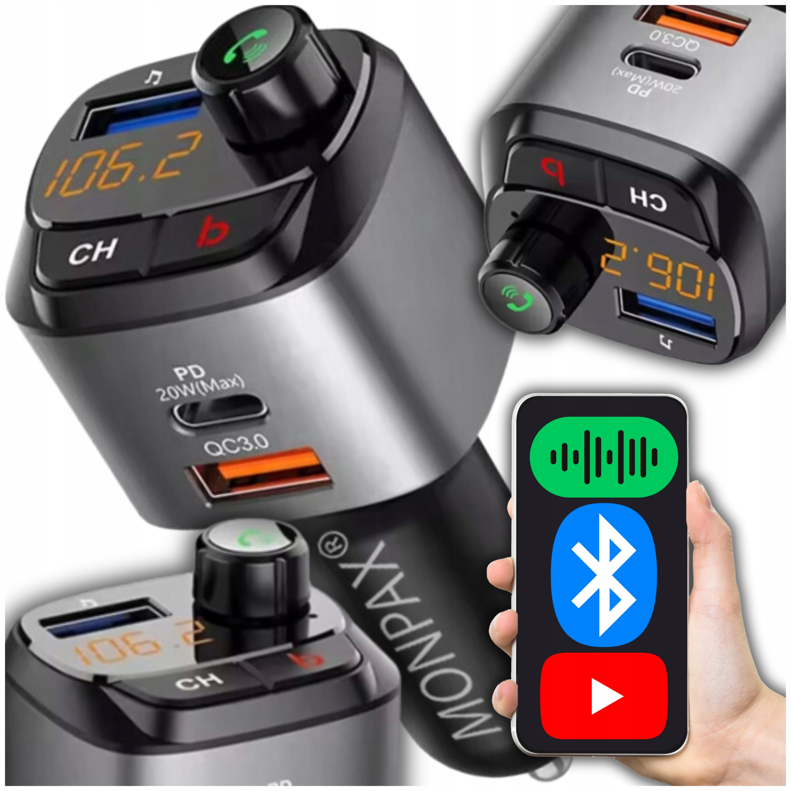 NAJVÝKONNEJŠÍ BLUETOOTH FM VYSIELAČ NABÍJAČKA DO AUTOMOBILKU 36 W QC3.0 USB-C